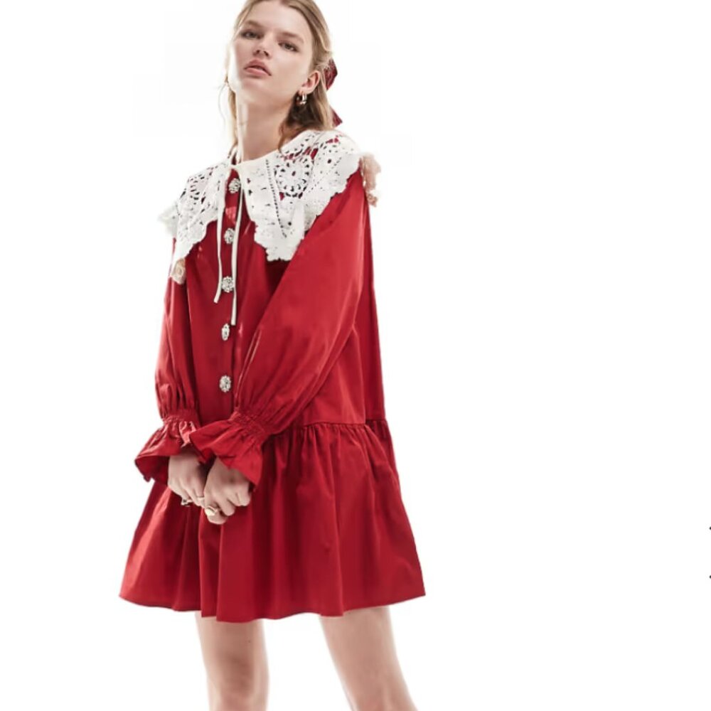 ISO Sister Jane drop hem detachable lace collar mini dress in red - L or L plus